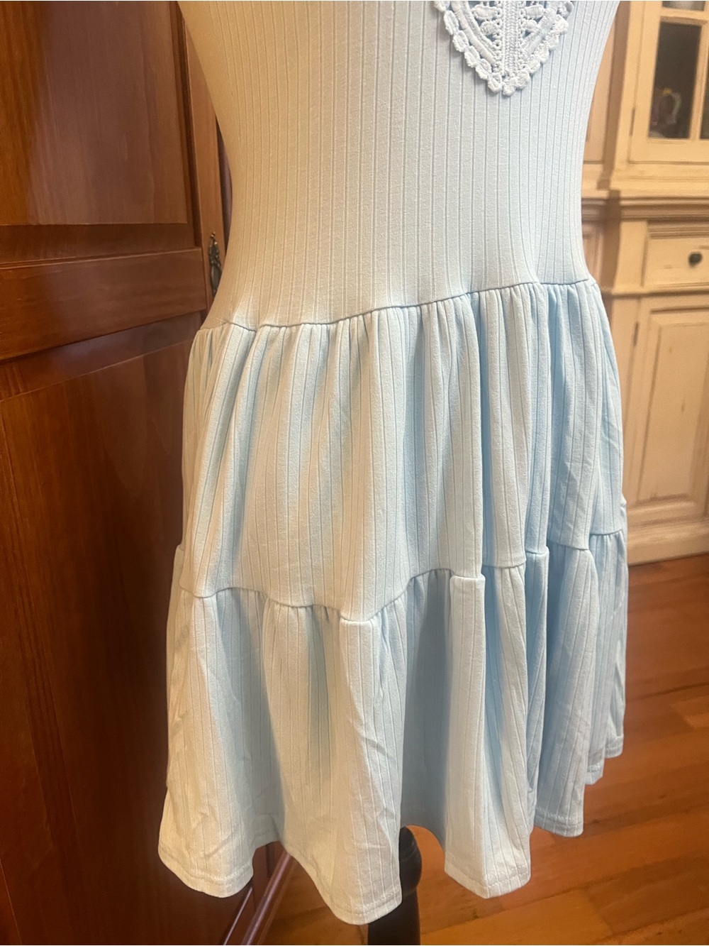 Sleeveless Light Blue Crochet-Front Mini Dress - Picture 3 of 8
